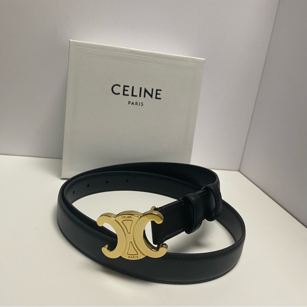 Celine Black Leather Belt with Gold Buckle